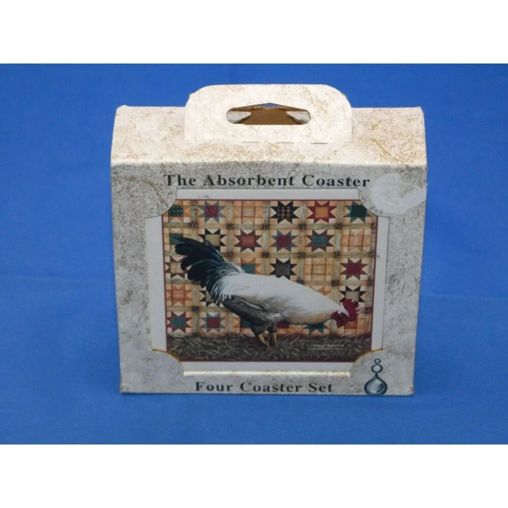 AbsorbaStone Absorbent Stone Coasters Patchwork Rooster Set Of 4 in Box Triplett
